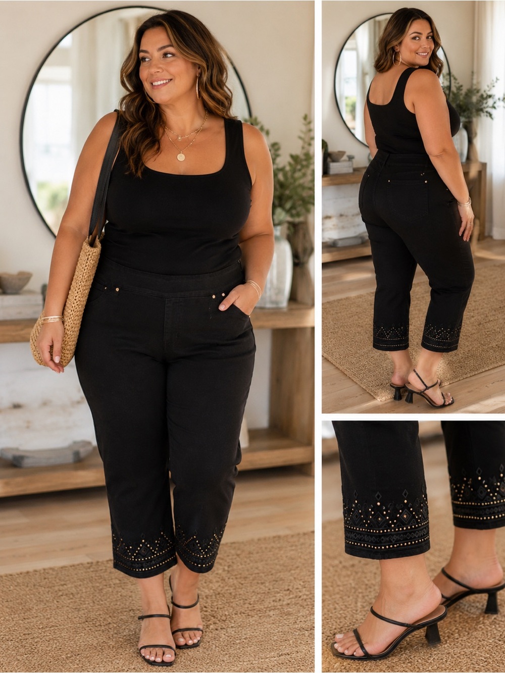 Ruby Rd Black Embellished Ankle Jeans Pull On Stretch Pants (NWT)